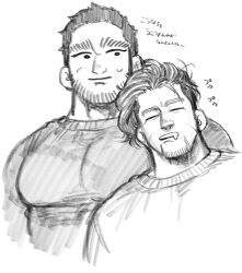 Rule 34 | 2boys, bara, beard stubble, buzz cut, couple, cropped torso, drooling, facial hair, golden kamuy, graphite (medium), greyscale, highres, kasuke (li tgknk), large pectorals, leaning on person, loose hair strand, male focus, mature male, monochrome, mouth drool, multiple boys, muscular, muscular male, ogata hyakunosuke, pectorals, short hair, sketch, sleeping, sleeping on person, smile, solid circle eyes, stubble, sweater, tanigaki genjirou, thick eyebrows, traditional media, translation request, unkempt, very short hair, yaoi