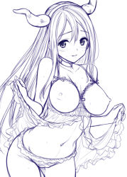 Rule 34 | 10s, 1girl, babydoll, bad id, bad pixiv id, bare shoulders, blush, breastless clothes, breasts, choker, crotchless, crotchless panties, fake horns, frilled panties, frills, hairband, horns, large breasts, light smile, lingerie, long hair, looking at viewer, maou (maoyuu), maoyuu maou yuusha, monochrome, navel, nipples, oryo (oryo04), panties, sketch, solo, underwear, white background