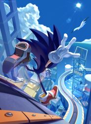 Rule 34 | 1boy, absurdres, bird, blue sky, cloud, container, crate, day, facing away, furry, furry male, gloves, harbor, highres, miitara, ocean, outdoors, red footwear, running, seagull, shipping container, shoes, sky, sneakers, solo, sonic (series), sonic adventure 2, sonic the hedgehog, sun, tower, water, white gloves