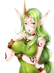Rule 34 | 1girl, absurdres, alternate eye color, alternate hair color, alternate skin color, blush, bracelet, breast hold, breasts, choker, covered erect nipples, covered navel, cum, cum on body, cum on breasts, cum on clothes, cum on upper body, cum string, dryad soraka, green eyes, green hair, heart, heart-shaped pupils, highres, horns, jewelry, large breasts, league of legends, licking, licking finger, lips, long hair, pointy ears, ponytail, saliva, sideboob, single horn, solo, soraka (league of legends), suggestive fluid, symbol-shaped pupils, tattoo, very long hair, ville