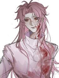 Rule 34 | 1boy, blood, blood in hair, blood on clothes, blood on face, blood on neck, chinese commentary, commentary request, hatsutori hajime, highres, long hair, looking at viewer, male focus, paomian chi jiaozi, parted bangs, parted lips, pink hair, red eyes, saibou shinkyoku, shirt, simple background, sketch, solo, upper body, white background, white shirt
