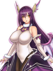 Rule 34 | 1girl, bare shoulders, black pantyhose, breasts, character request, elbow gloves, emil chronicle online, female focus, fingerless gloves, gloves, horns, impossible clothes, large breasts, lintanghaseo, long hair, looking at viewer, open mouth, pantyhose, purple hair, solo, white background, wings, yellow eyes