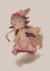 Rule 34 | 1other, animal ears, child, closed mouth, commentary request, full body, furry, hat, horizontal pupils, l rmn6, long hair, made in abyss, nanachi (made in abyss), outstretched arms, rabbit ears, solo, stomach, topless, walking, white hair, yellow eyes