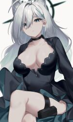Rule 34 | 1girl, absurdres, ahoge, animal ear fluff, animal ears, black choker, black dress, blue archive, blue eyes, breasts, choker, cleavage, closed mouth, crossed legs, dress, expressionless, grey hair, halo, highres, large breasts, long hair, long sleeves, looking at viewer, mismatched pupils, shiroko (blue archive), shiroko terror (blue archive), simple background, sitting, solo, thigh strap, very long hair, wakamepiza, white background, wolf ears
