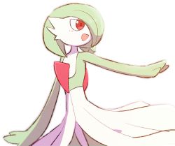 Rule 34 | :d, blush, colored skin, commentary request, creatures (company), game freak, gardevoir, gen 3 pokemon, green hair, morio (poke orio), nintendo, open mouth, outstretched arm, pokemon, pokemon (creature), red eyes, simple background, smile, solo, white background, white skin