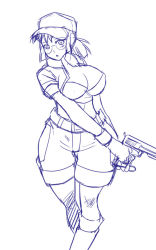 Rule 34 | 1girl, blush, breasts, cleavage, covered erect nipples, fio germi, glasses, gun, hat, hip focus, huge breasts, metal slug, monochrome, nagase haruhito, shorts, sketch, solo, weapon, wide hips