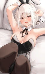 Rule 34 | 1girl, absurdres, animal ears, arms up, black leotard, black pantyhose, breasts, cleavage, detached collar, fake animal ears, fang, highres, honome sui, large breasts, leotard, looking at viewer, lying, on back, on bed, original, pantyhose, playboy bunny, rabbit ears, red eyes, short hair, sidelocks, smile, solo, strapless, strapless leotard, white hair, wrist cuffs
