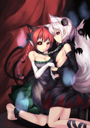 Rule 34 | 2girls, 463 jun, alternate color, animal ears, anklet, bare shoulders, barefoot, black sclera, bow, braid, breasts, cat ears, cat tail, chain, cleavage, collar, colored sclera, detached sleeves, dress, elbow gloves, extra ears, gloves, hair bow, hat, highres, inubashiri momiji, jewelry, kaenbyou rin, kneeling, large breasts, linked collar, long hair, multiple girls, multiple tails, no bra, pointy ears, red eyes, red hair, sideboob, skirt, smile, tail, tokin hat, touhou, twin braids, twintails, white hair, wolf tail, yuri