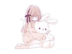 Rule 34 | 1girl, black ribbon, blunt bangs, blush, brown hair, brown socks, brown sweater, closed eyes, closed mouth, commentary, full body, hair ribbon, hairband, holding, holding stuffed toy, hugging object, kotono n0, long hair, long sleeves, no mouth, original, ribbon, sidelocks, signature, simple background, sitting, sleeves past wrists, socks, solo, stuffed animal, stuffed rabbit, stuffed toy, sweater, symbol-only commentary, wariza, white background