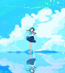 Rule 34 | 1girl, abstract, black hair, blue eyes, bottle, building, cloud, cloudy sky, commentary request, copyright request, feet out of frame, highres, ibaraki natou, outdoors, power lines, reflection, ripples, school uniform, sky, solo, twintails, uniform, water bottle, wind