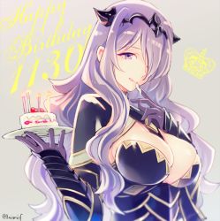 Rule 34 | 1girl, breasts, cake, camilla (fire emblem), candle, cleavage, dorimoif, fire emblem, fire emblem fates, food, hair over one eye, happy birthday, large breasts, licking lips, lips, long hair, miyuki ruria, nintendo, plate, purple eyes, purple hair, solo, tongue, tongue out