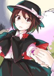 Rule 34 | 2girls, brown eyes, brown hair, capelet, confused, full moon, gap (touhou), holding hands, hat, highres, moon, multiple girls, nail polish, night, out of frame, outstretched hand, short hair, skirt, solo focus, sweatdrop, takahashi kouta, touhou, usami renko, wide-eyed