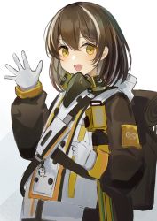 Rule 34 | 1girl, :d, arknights, azuazu 0405, backpack, bag, black jacket, brown eyes, brown hair, commentary request, gloves, grey background, hair between eyes, hand up, highres, jacket, long sleeves, looking at viewer, magallan (arknights), multicolored hair, open mouth, puffy long sleeves, puffy sleeves, smile, solo, streaked hair, upper body, white background, white gloves, white hair