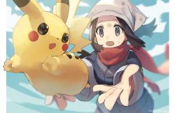Rule 34 | 1girl, akari (pokemon), black hair, blurry, commentary request, creatures (company), dated, day, dirty, eyelashes, game freak, gen 1 pokemon, grey jacket, grey skirt, head scarf, jacket, logo, long hair, nintendo, open mouth, outdoors, outstretched hand, pikachu, pillarboxed, pokemon, pokemon (creature), pokemon legends: arceus, ponytail, shibano 1103, sidelocks, skirt, sky, sweatdrop, white headwear