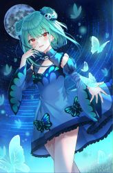 Rule 34 | 1girl, blue butterfly, blue dress, blush, bug, butterfly, colored tips, commentary, detached sleeves, double bun, dress, earrings, frilled dress, frills, full moon, green hair, hair bun, hair ornament, hand up, highres, hololive, insect, jewelry, long sleeves, moon, multicolored hair, night, open mouth, red eyes, ryunbi, short hair with long locks, skull earrings, skull hair ornament, smile, solo, standing, uruha rushia, uruha rushia (1st costume), virtual youtuber, wide sleeves