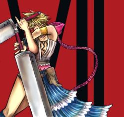 Rule 34 | 1boy, buster sword, cloud strife, cosplay, crossdressing, dress, dual wielding, closed eyes, final fantasy, final fantasy vii, final fantasy x, final fantasy x-2, holding, male focus, manly, parody, red background, showgirl skirt, solo, sword, weapon, what, yuna, yuna (cosplay), yuna (ff10), yuna (ff10) (cosplay), yuna (final fantasy) (cosplay)