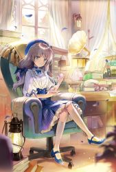 Rule 34 | 1girl, armchair, beret, blue eyes, blue footwear, blue hat, blue skirt, blurry, blurry foreground, blush, book, bosack, brown hair, chair, closed mouth, commentary, cup, curtains, depth of field, desk, english commentary, frilled skirt, frills, glasses, hand up, hat, holding, holding cup, holding saucer, indoors, kneehighs, lantern, legs, long hair, mary janes, on chair, open book, original, petals, phonograph, pleated skirt, puffy short sleeves, puffy sleeves, red-framed eyewear, revision, round eyewear, saucer, shirt, shoes, short sleeves, sitting, skirt, smile, socks, solo, striped clothes, striped skirt, teapot, unworn eyewear, vertical-striped clothes, vertical-striped skirt, white shirt, white socks, window