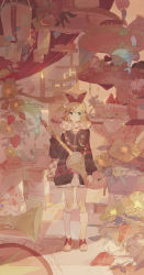 Rule 34 | 1girl, aqua eyes, blonde hair, bow hairband, brown jacket, cake, candle, candy, checkered clothes, checkered scarf, closed mouth, commentary, dolphin, english commentary, expressionless, flower, food, fruit, full body, hairband, highres, holding, holding instrument, instrument, jacket, kagamine rin, kneehighs, lobelia (saclia), long sleeves, looking at viewer, oversized flower, red hairband, scarf, short hair, skirt, socks, solo, sparkle, standing, strawberry, strawberry shortcake, vocaloid, white footwear, white skirt, white socks, yellow flower