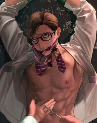 Rule 34 | 2boys, abs, bara, brown hair, collared shirt, coooga, gagged, glasses, highres, killing stalking, male focus, multiple boys, muscular, muscular male, navel, necktie, nipples, oh sangwoo, open clothes, open shirt, pectorals, shirt, short hair, sweat, sweatdrop, white shirt, yaoi