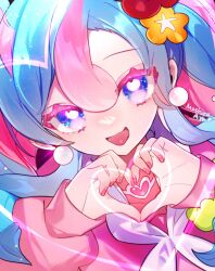 Rule 34 | 1girl, artist name, aya (aya op10s), blue eyes, blue hair, choker, collarbone, colored eyelashes, commentary request, creatures (company), dot nose, earrings, fairy miku (project voltage), fingernails, flower, game freak, glint, hair between eyes, hair flower, hair ornament, hatsune miku, heart, heart choker, heart hands, highres, jewelry, light blue hair, long hair, long sleeves, looking at viewer, multicolored hair, nail polish, neckerchief, nintendo, open mouth, pink eyes, pink hair, pink nails, pokemon, project voltage, red flower, scrunchie, sleeves past wrists, smile, solo, tongue, twintails, two-tone eyes, two-tone hair, vocaloid, white choker, white neckerchief, wrist scrunchie, yellow flower, yellow scrunchie