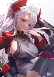 Rule 34 | 1girl, antenna hair, azumi akitake, azur lane, breasts, buttons, double-breasted, grey jacket, hand to own mouth, jacket, large breasts, long hair, long sleeves, looking at viewer, mole, mole on breast, multicolored hair, prinz eugen (azur lane), red eyes, red hair, sideboob, signature, simple background, solo, streaked hair, two-tone hair, white background, white hair