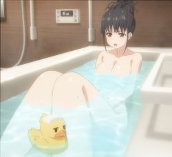 Rule 34 | 1girl, anime screenshot, bath, bathing, black hair, breasts, brown eyes, collarbone, completely nude, hair bun, highres, irido yume, large breasts, lowres, mamahaha no tsurego ga moto kano datta, nude, open mouth, partially submerged, screencap, sidelocks, stitched, thighs, third-party edit, water