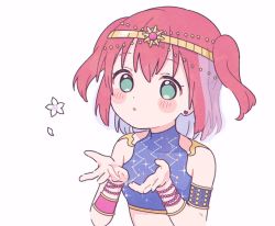 Rule 34 | 1girl, :o, aqua eyes, armlet, blue shirt, blush, blush stickers, bracelet, circlet, crop top, cupping hands, earrings, flower, head chain, heart, heart earrings, jewelry, kokoro magic a to z, kurosawa ruby, love live!, love live! school idol festival, love live! sunshine!!, own hands together, petals, red hair, shirt, short hair, simple background, solo, two side up, upper body, white background, yashino 84