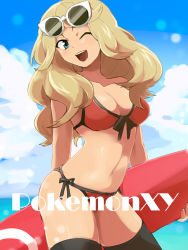 Rule 34 | 10s, 1girl, :d, ;d, alternate color, bad id, bad pixiv id, beach, bikini, black thighhighs, blonde hair, blue eyes, breasts, cleavage, cloud, copyright name, creatures (company), day, eyewear on head, front-tie top, game freak, glasses, holding, holding behind back, ikeshita moyuko, large breasts, long hair, navel, nintendo, no headwear, ocean, one eye closed, open mouth, pokemon, pokemon xy, red bikini, serena (pokemon), shiny skin, side-tie bikini bottom, skindentation, sky, smile, solo, sunglasses, surfboard, swimsuit, text focus, thighhighs, water, wink