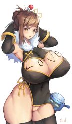 Rule 34 | 1girl, armpits, bad id, bad pixiv id, black gloves, body writing, bound, bound wrists, breasts, brown eyes, brown hair, cleavage, cleavage cutout, cleft of venus, clothing cutout, elbow gloves, eyebrows, gloves, hair bun, hair ornament, hair stick, hairpin, harry (dudwofla), heart, heart cutout, highres, huge breasts, matching hair/eyes, mei (overwatch), no panties, overwatch, overwatch 1, pussy, signature, simple background, single hair bun, snowball, solo, thick thighs, thighs, uncensored, white background