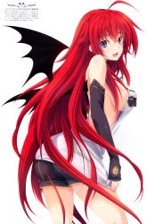 Rule 34 | 10s, 1girl, absurdres, blue eyes, breasts, bridal gauntlets, covered erect nipples, high school dxd, highres, large breasts, long hair, miyama-zero, no bra, official art, red hair, rias gremory, sideboob, solo, wings