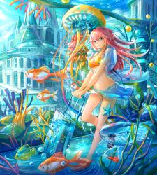 Rule 34 | 1girl, breasts, cleavage, collarbone, dolphin, fish, jellyfish, kutsunohito, long hair, looking at viewer, medium breasts, navel, original, outdoors, pink eyes, pink hair, scenery, solo, suitcase, water, whale