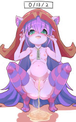 Rule 34 | 1girl, absurdres, animal ears, blush, breasts, collarbone, colored skin, double v, eyebrows, female focus, full body, green eyes, hair between eyes, hat, heart, heart-shaped pupils, highres, infraton, league of legends, long hair, looking at viewer, lulu (league of legends), navel, nipples, nude, open mouth, peeing, purple skin, pussy, saliva, small breasts, solo, squatting, striped clothes, striped thighhighs, symbol-shaped pupils, thighhighs, uncensored, v, very long hair, witch hat, yordle