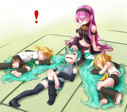 Rule 34 | !, 1boy, 3girls, :3, aqua eyes, aqua hair, aqua necktie, bare shoulders, barefoot, black legwear, black sailor collar, blonde hair, bow, closed eyes, collared shirt, comforting, commentary request, detached sleeves, grey shirt, hair between eyes, hair bow, hair spread out, hairband, hatsune miku, headpat, highres, jaco, kagamine len, kagamine rin, long hair, long sleeves, lying, megurine luka, multiple girls, navel, neckerchief, necktie, on back, on side, open mouth, own hands together, pink hair, ponytail, puffy short sleeves, puffy sleeves, rectan, rectangular mouth, sailor collar, school uniform, serafuku, shirt, short sleeves, shorts, sitting, sleeping, sleeveless, sleeveless shirt, soles, sweatdrop, thighhighs, twintails, very long hair, vest, vocaloid, white bow, white shirt, wing collar, yellow neckerchief
