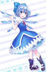 Rule 34 | 1girl, absurdres, ancomomomo, blue eyes, blue hair, bow, cirno, dress, hair bow, highres, mary janes, matching hair/eyes, open mouth, shoes, short hair, smile, solo, touhou, v, wings