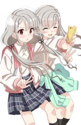 Rule 34 | 2girls, :&lt;, :d, ^ ^, black legwear, black ribbon, blush stickers, braid, braided bangs, brown eyes, cellphone, closed eyes, clothes around waist, collared shirt, double v, grey hair, grey skirt, hair over shoulder, hair ribbon, highres, hisakawa hayate, hisakawa nagi, holding, holding phone, idolmaster, idolmaster cinderella girls, idolmaster cinderella girls starlight stage, jacket, long hair, long sleeves, low twintails, multiple girls, open clothes, open jacket, open mouth, outstretched arm, parted lips, phone, plaid, plaid skirt, pleated skirt, ribbon, selfie, shirt, shiwa (siwaa0419), siblings, simple background, sisters, skirt, smile, socks, triangle mouth, twins, twintails, v, v-shaped eyebrows, very long hair, white background, white jacket, white shirt