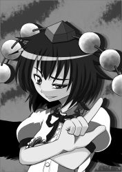 Rule 34 | 1girl, bad id, bad pixiv id, comic, female focus, greyscale, hat, highres, looking at viewer, monochrome, niiko (gonnzou), open mouth, shameimaru aya, short hair, smirk, solo, speech bubble, talking, text focus, touhou, uneven eyes