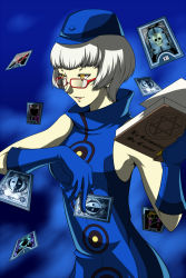 Rule 34 | 1girl, bespectacled, blue gloves, bob cut, book, card, elizabeth (persona), glasses, gloves, hat, highres, holding, holding card, kamui sathi, open book, pale skin, persona, persona 3, persona 4: the ultimate in mayonaka arena, red-framed eyewear, short hair, silver hair, solo, tarot, yellow eyes