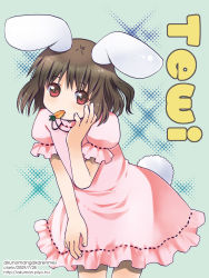Rule 34 | 1girl, animal ears, brown hair, carrot, character name, female focus, highres, inaba tewi, jewelry, kurarin, mouth hold, pendant, rabbit ears, rabbit girl, rabbit tail, red eyes, short hair, solo, tail, touhou