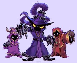 Rule 34 | 3boys, absurdres, black skin, colored skin, full body, gauntlets, grey background, hat, highres, hood, hood up, jewelry, league of legends, minion (league of legends), multiple boys, purple headwear, purple robe, red robe, ring, robe, simple background, standing, v, veigar, witch hat, wryyyto, yellow eyes, yordle