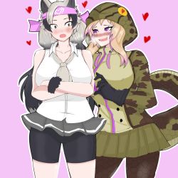 Rule 34 | 2girls, absurdres, african rock python (kemono friends), ahoge, animal ears, bare arms, bare shoulders, bear ears, bear girl, bike shorts, black hair, blonde hair, blush, breath, collarbone, collared shirt, commentary, crossed arms, drawstring, english commentary, expressive clothes, extra ears, ezo brown bear (kemono friends), furrowed brow, gloves, grey hair, hand up, headband, heart, heart-shaped pupils, highres, hood, hood up, hooded jacket, jacket, kemono friends, long hair, long sleeves, looking at another, microskirt, multicolored hair, multiple girls, nanoder, necktie, nose blush, open mouth, panties, pink background, purple eyes, purple hair, shirt, shorts, shorts under skirt, side-by-side, simple background, skirt, sleeveless, sleeveless shirt, smile, snake tail, symbol-shaped pupils, tail, twintails, two-tone hair, underwear, very long hair, wide-eyed, wing collar, yuri, zipper