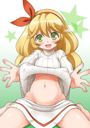 Rule 34 | 1girl, :d, akou roushi, alternate costume, barefoot, blonde hair, clothes lift, ellen (touhou), female focus, green eyes, groin, hairband, long hair, looking at viewer, navel, open mouth, ribbed sweater, shirt lift, sitting, skirt, smile, star (symbol), sweat, sweater, sweater lift, touhou, touhou (pc-98), wariza