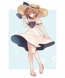 Rule 34 | 1girl, anchor symbol, bracelet, brown eyes, brown hair, commentary request, dress, full body, hat, highres, jewelry, kantai collection, looking at viewer, official alternate costume, toeless footwear, shakemi (sake mgmgmg), short hair, solo, standing, straw hat, sun hat, sundress, white dress, yukikaze (kancolle)