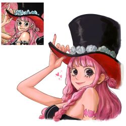 1girl arm_up bare_shoulders black_dress black_eyes black_hat blunt_bangs braid chommo11 dress eyelashes hand_up hat heart highres long_hair looking_at_viewer one_piece parted_lips perona pink_hair pink_nails reference_inset shoulder_tattoo sidelocks simple_background smile solo strapless strapless_dress tattoo top_hat twin_braids upper_body white_background