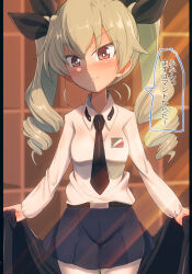 Rule 34 | 1girl, anchovy (girls und panzer), anzio school uniform, belt, black belt, black cape, black necktie, black ribbon, blue skirt, cape, closed mouth, commentary, cowboy shot, dress shirt, drill hair, emblem, girls und panzer, green hair, hair ribbon, highres, holding, holding cape, holding clothes, indoors, jinguu (4839ms), long hair, long sleeves, looking at viewer, miniskirt, necktie, pantyhose, pillarboxed, pleated skirt, red eyes, ribbon, school uniform, shirt, skirt, smirk, solo, standing, translated, twin drills, twintails, unworn cape, white pantyhose, white shirt, wing collar