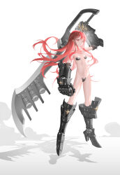 Rule 34 | 1girl, armored boots, boots, breasts, commission, crotch plate, floating, full body, gauntlets, high heels, highres, holding, holding sword, holding weapon, huge weapon, long hair, original, over shoulder, red eyes, red hair, revealing clothes, shadow, shiny skin, small breasts, solo, sword, tsuki-shigure, weapon, weapon over shoulder, white background