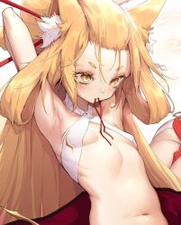 Rule 34 | 1girl, animal ears, armpits, bikini, blonde hair, breasts, character request, copyright request, fox ears, hair ornament, long hair, mouth hold, shanyao jiang tororo, small breasts, swimsuit, yellow eyes