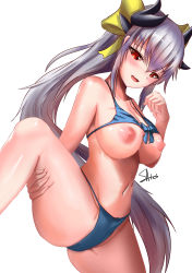 Rule 34 | 1girl, absurdres, artist name, bikini, black horns, blue bikini, blush, bow, breasts, collarbone, commentary, dragon horns, fate/grand order, fate (series), high ponytail, highres, horns, kiyohime (fate), kiyohime (fate/grand order), kiyohime (swimsuit lancer) (fate), kiyohime (swimsuit lancer) (third ascension) (fate), large breasts, leg up, long hair, navel, nipples, open mouth, ponytail, red eyes, sato art, shiny skin, sidelocks, solo, swimsuit, very long hair, white hair, yellow bow