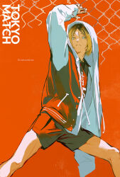 Rule 34 | 1boy, blonde hair, chain-link fence, closed mouth, english text, feet out of frame, fence, haikyuu!!, highres, hood, hoodie, huangdanlan, kozume kenma, light frown, long sleeves, male focus, red background, red hoodie, red shorts, short hair, shorts, solo, two-tone hoodie, white hoodie