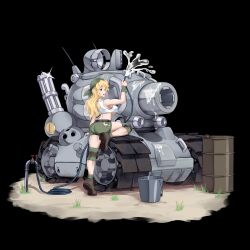 Rule 34 | 1girl, absurdres, blonde hair, breasts, brown eyes, bucket, caterpillar tracks, commentary, english commentary, grass, highres, hose, kasamoto eri, large breasts, long hair, metal slug, military, military vehicle, motor vehicle, on ground, open mouth, shorts, sv001 (metal slug), tank, tank top, warmcummies, water