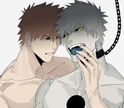 Rule 34 | 2boys, asure (asure twi), black sclera, bleach, blue tongue, blush, chain, collar, colored sclera, colored tongue, commentary, grey hair, highres, hollow ichigo, kurosaki ichigo, looking at another, looking at viewer, male focus, multiple boys, muscular, muscular male, open mouth, orange hair, pale skin, parted lips, short hair, symbol-only commentary, teeth, tongue, topless male, yaoi, yellow eyes